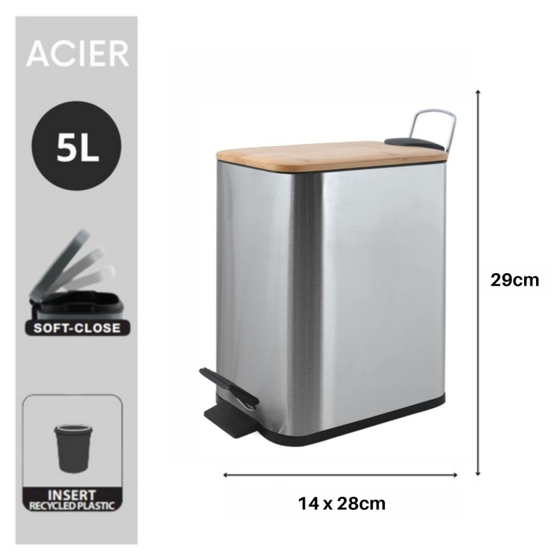 Poubelle à  pédale Acier & Bambou ERIK 5L Brossé Spirella