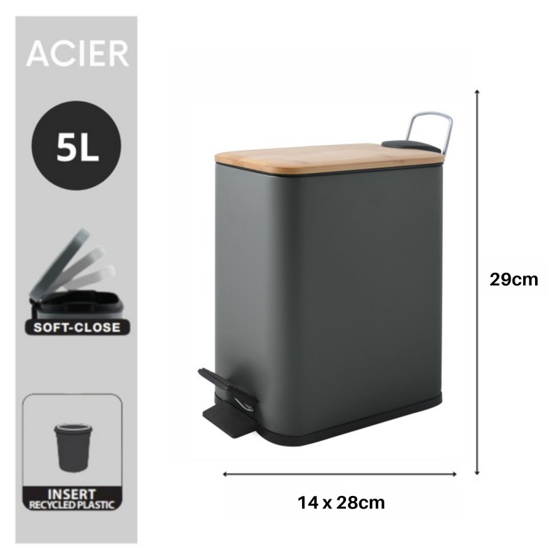 Poubelle à  pédale Acier & Bambou ERIK 5L Gris Foncé mat Spirella