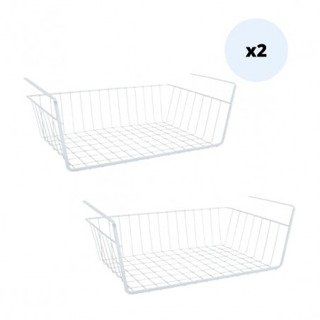 MSV Lot de 2 paniers de rangement sous étagère 38,5x25,5x14cm en Acier Blanc Mat