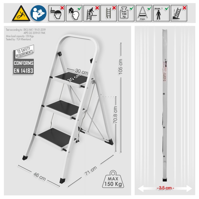 3 Step Folding & Non-Slip Steel Step Stool Max 150kg (46x71x105cm) MSV