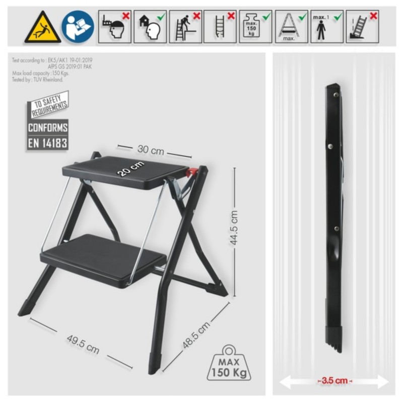 Escalón de acero ligero plegable y antideslizante de 2 peldaños - Máx. 150 kg - Negro mate MSV