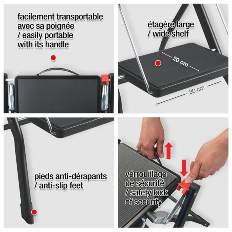 Gradino in acciaio leggero pieghevole e antiscivolo a 2 gradini - Max 150 kg - Nero opaco MSV