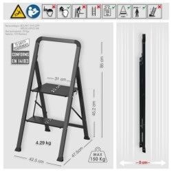 Escabeau 2 marches pliant anti-dérapant en Acier - Max 150kg (47,5x42,5x85cm) Noir mat MSV