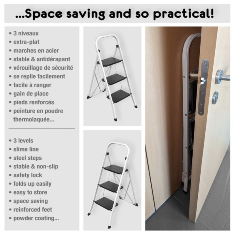 Escalera de tijera de acero plegable de 3 peldaños máx. 150 kg (46 x 71 x 105 cm) MSV