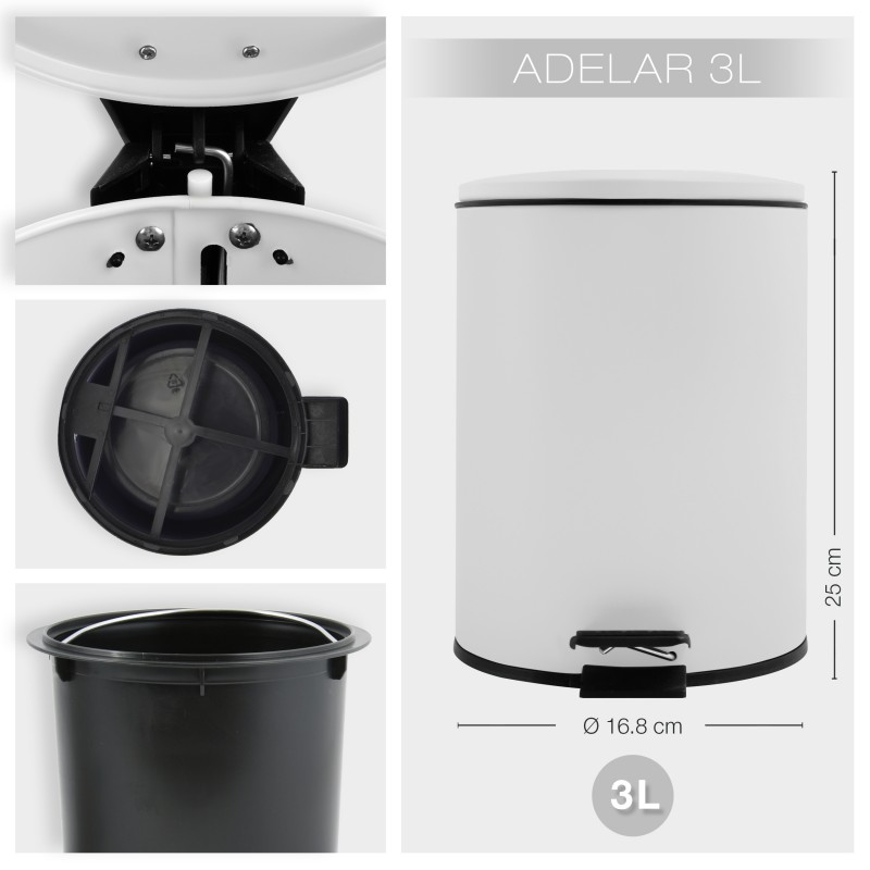 Poubelle à  pédale ADELAR 3L Acier Blanc mat Spirella