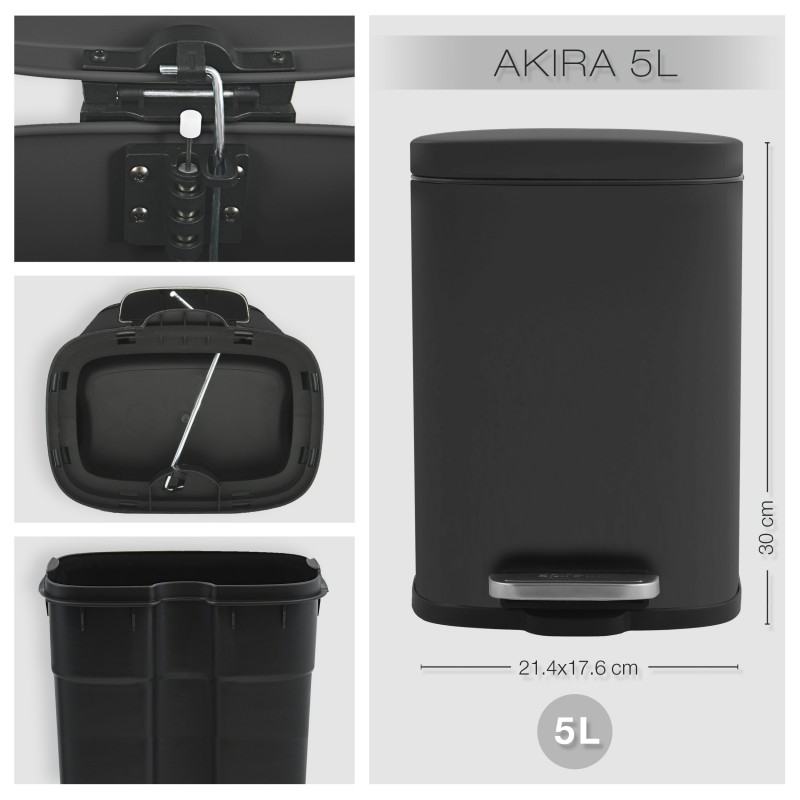 Poubelle à  pédale Acier AKIRA 5L Noir mat Spirella