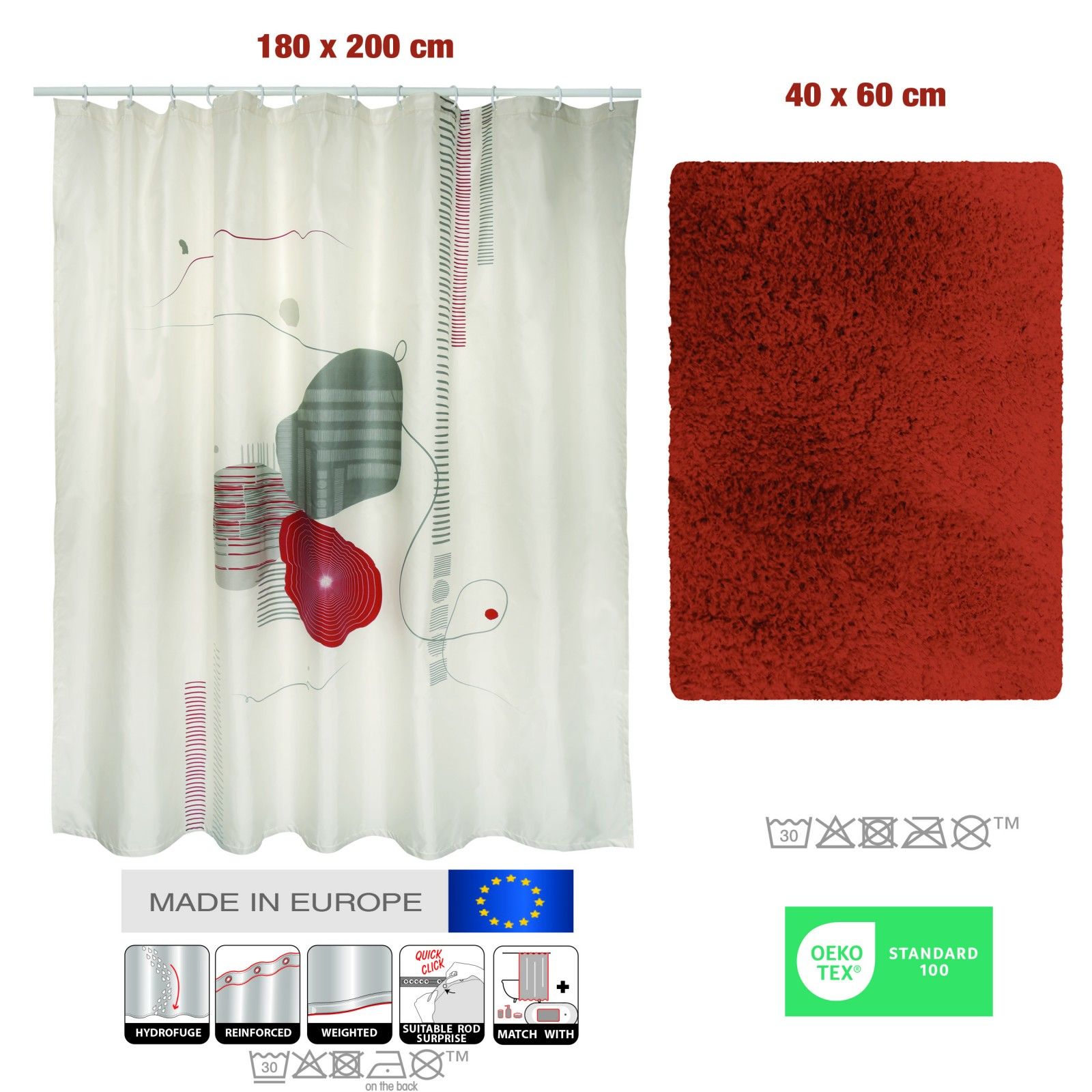 Lot d'un rideau de douche Teiva et d'un tapis Microfibre terracotta