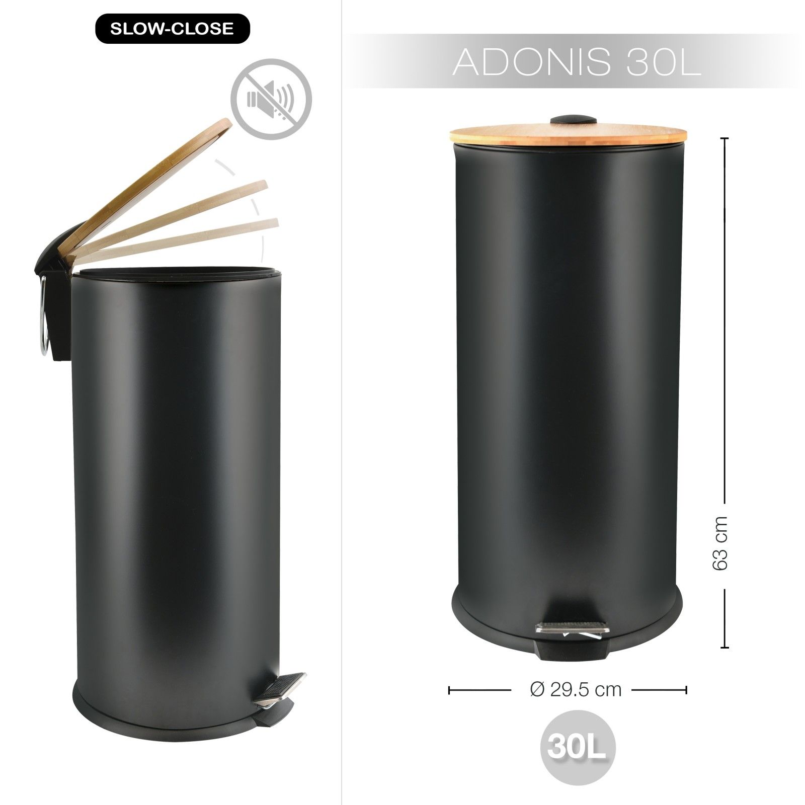 Papelera de Cocina con Pedal Acero y Bambú ADONIS 30L Negro Spirella