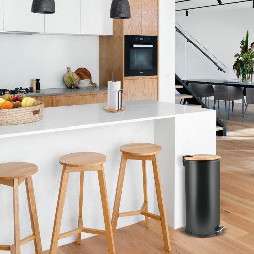 Papelera de Cocina con Pedal Acero y Bambú ADONIS 30L Negro Spirella