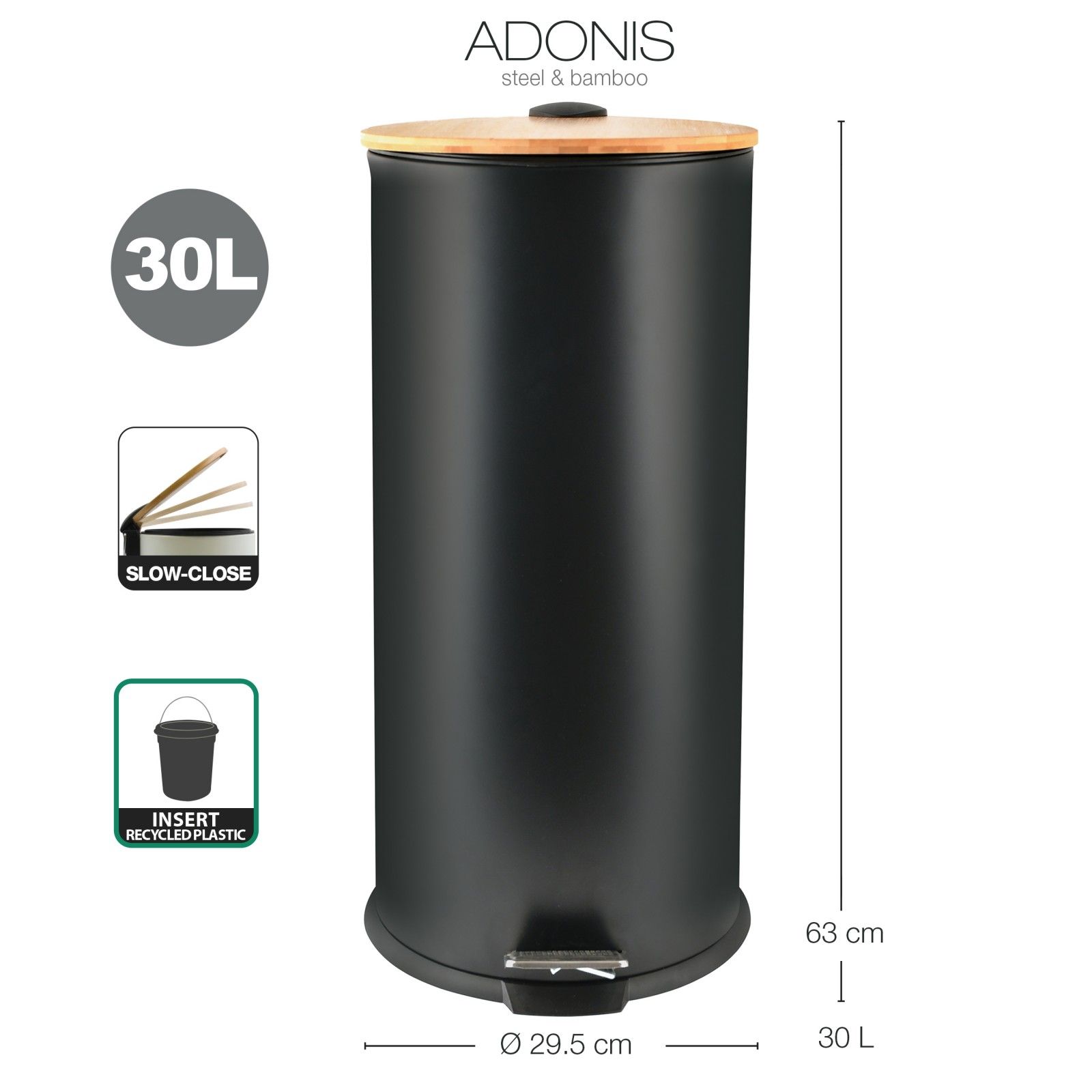 Poubelle Adonis noir matt 30L Spirella