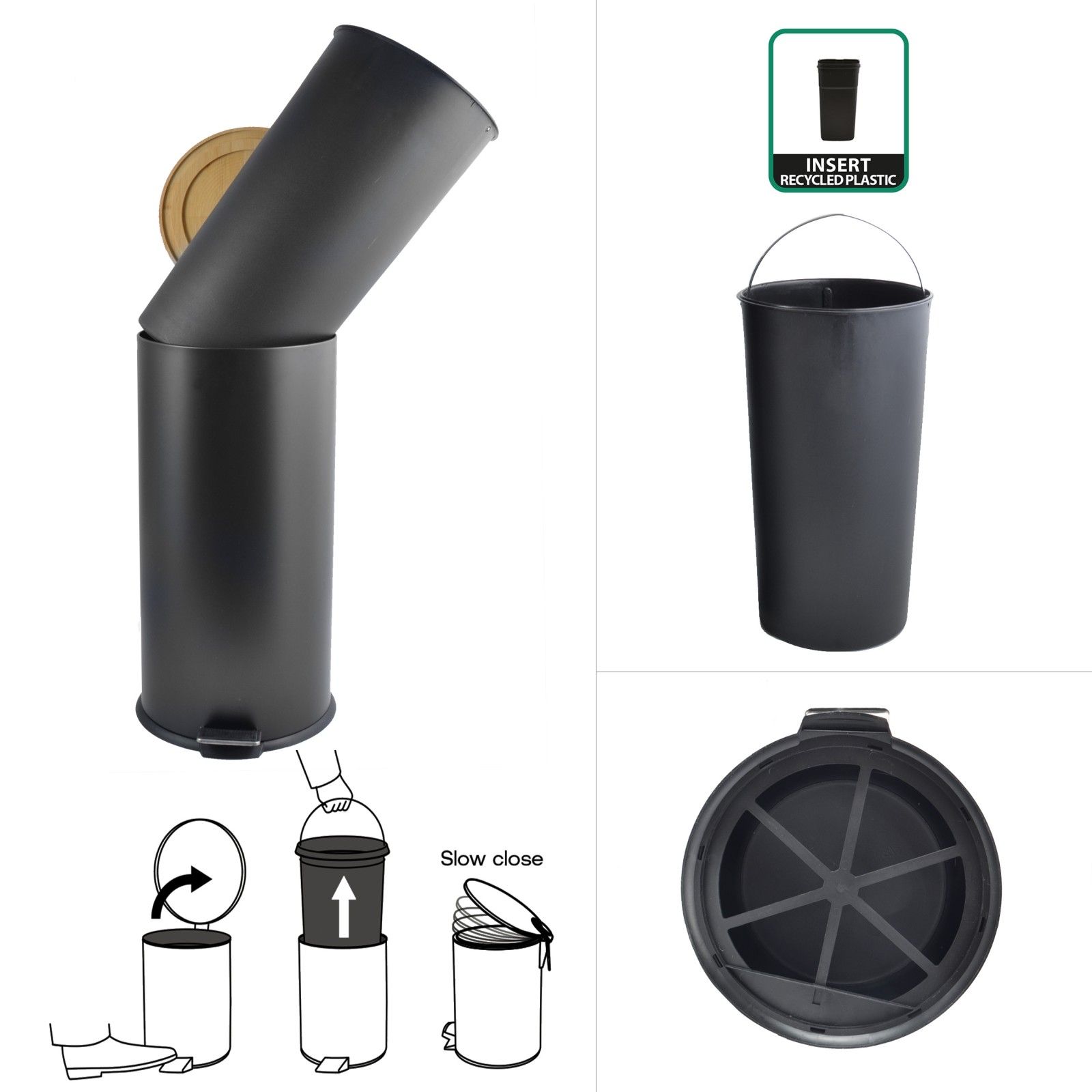 Küchen-Pedalabfalleimer Stahl & Bambus ADONIS 30L Schwarz Spirella