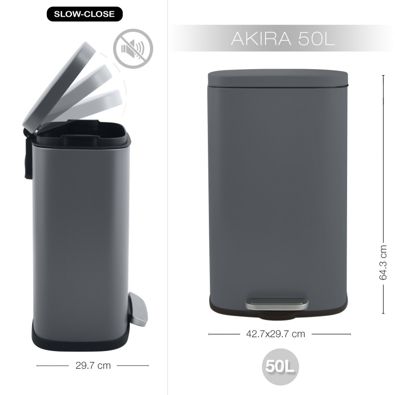 Poubelle à pédale de cuisine grande capacité Acier AKIRA 50L Gris mat Spirella