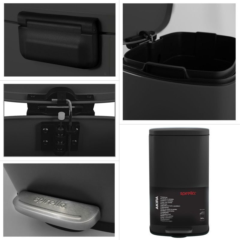 Papelera de cocina con pedal de gran capacidad Acero AKIRA 50L Negro mate Spirella