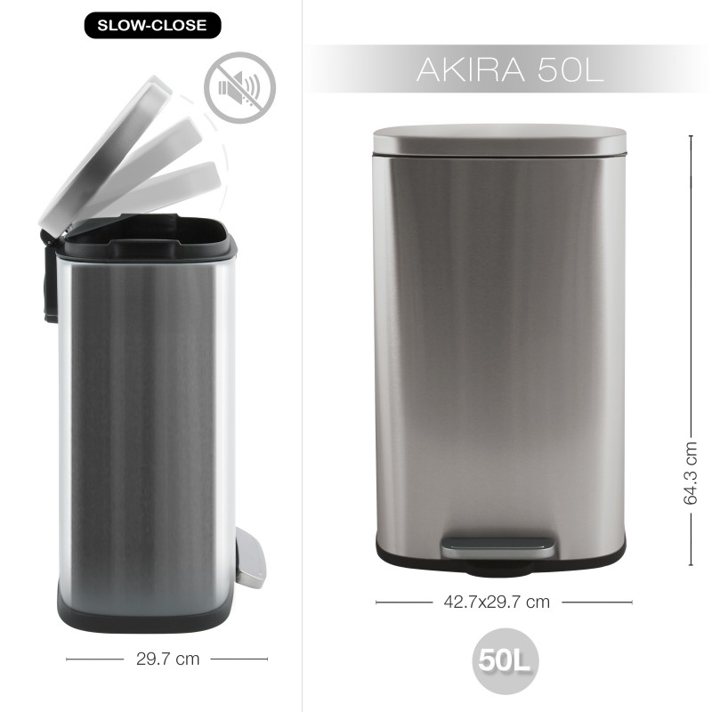 Papelera de cocina con pedal de gran capacidad AKIRA 50L Acero inoxidable Metalizado Spirella