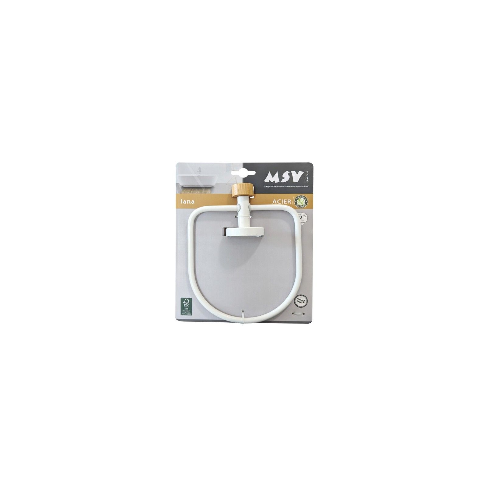 Anneau Porte serviettes mural en Acier & Bambou IANA Blanc mat MSV
