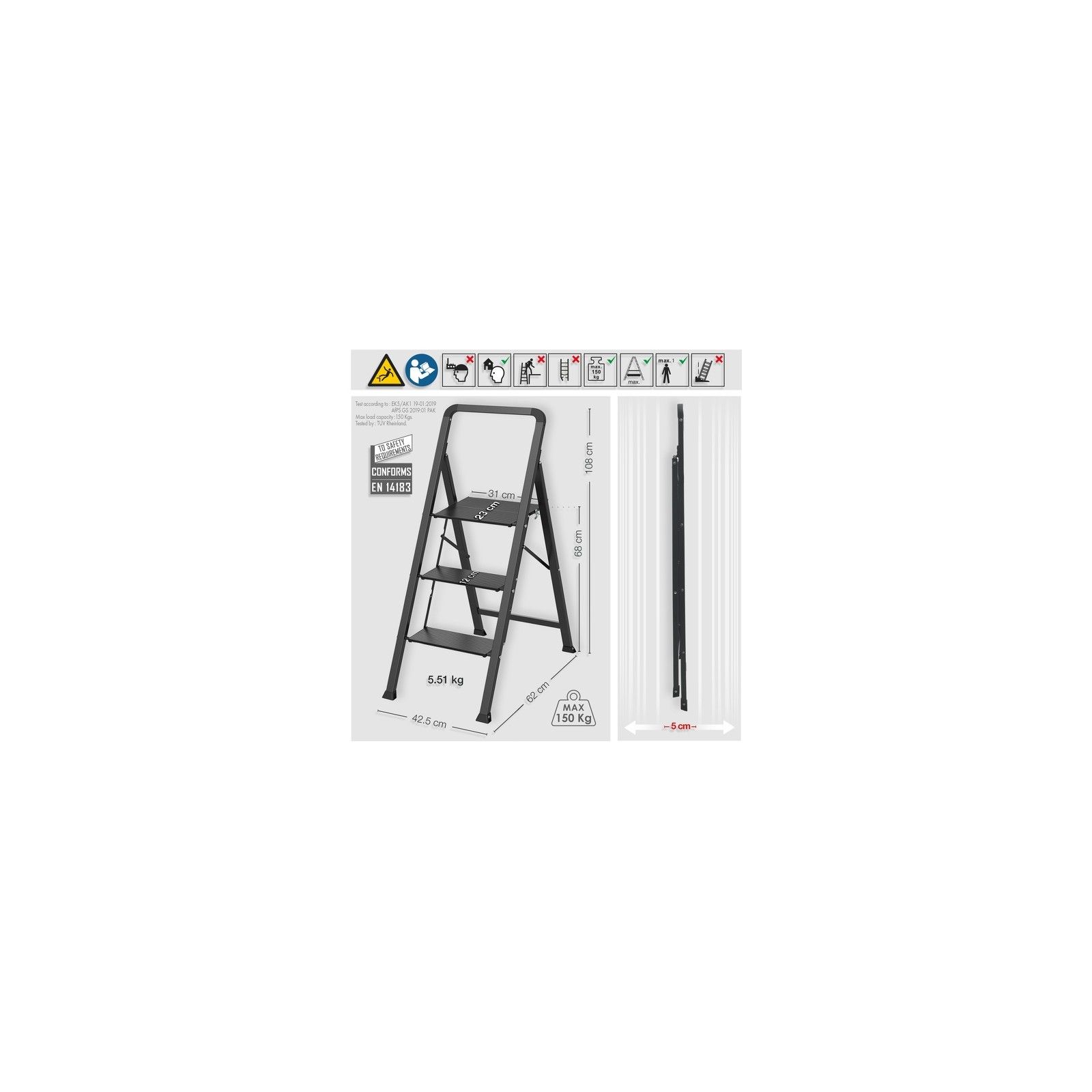Escabeau 3 marches pliant anti-dérapant en Acier - Max 150kg (62x42,5x108cm) Noir Mat MSV