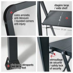 Escabeau 3 marches pliant anti-dérapant en Acier - Max 150kg (62x42,5x108cm) Noir Mat MSV