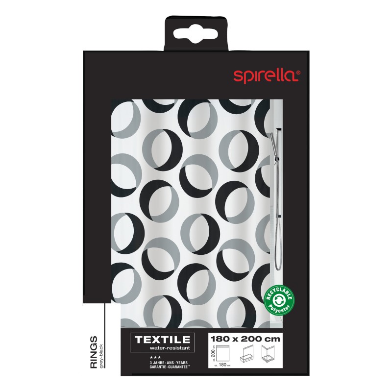 Spirella Duschvorhang RINGS Polyester 180x200cm Grau & Schwarz