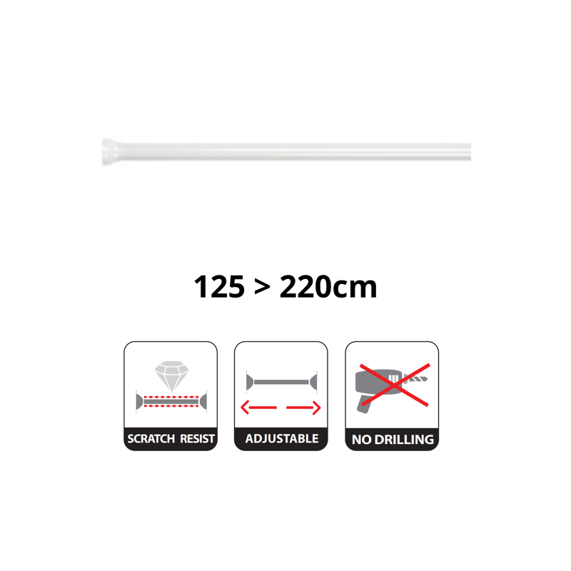 Rod bar for extendable shower curtain or bathtub without drilling in Aluminum KRETA 125-220cm White Spirella