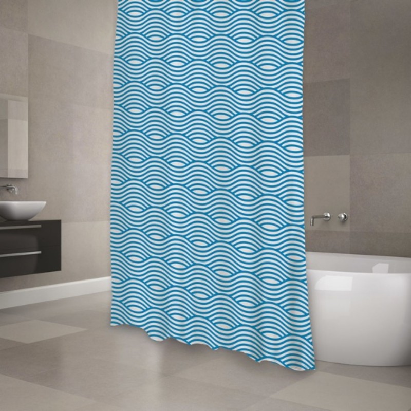 MSV Duschvorhang Polyester WAVE 180x200cm PREMIUM QUALITÄT Blau - Ringe inklusive