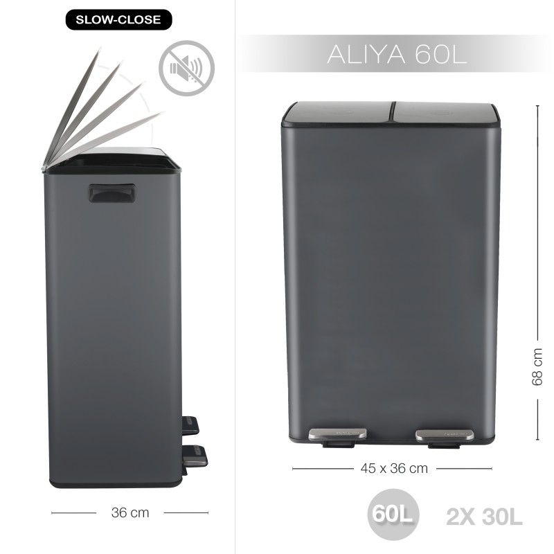 Selective Sorting Bin 60L ALIYA  (2x30L) Matt Gray Steel Spirella