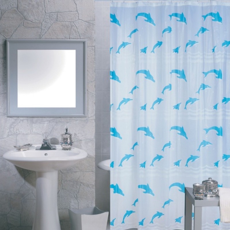 Cortina de ducha de plástico PVA 180x200 cm con estampado de delfines azules y blancos - Anillas incluidas MSV