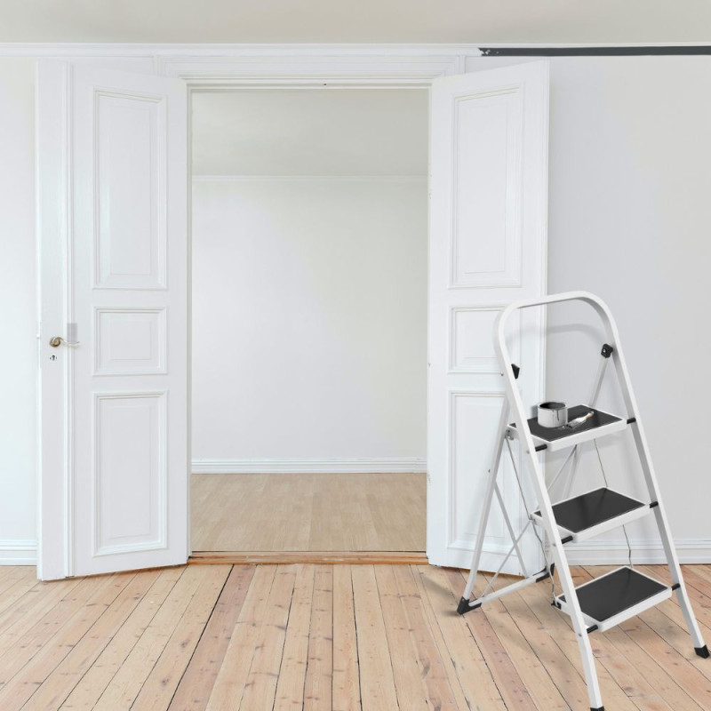 Klappleiter 3 Stufen mit rutschfestemTritt aus Stahl Weiss max. 150 kg (46 x 71 x 105 cm) MSV