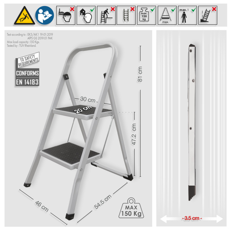 Escalera de tijera de acero plegable y antideslizante de 2 peldaños máx. 150 kg (46 x 55 x 82 cm) MSV