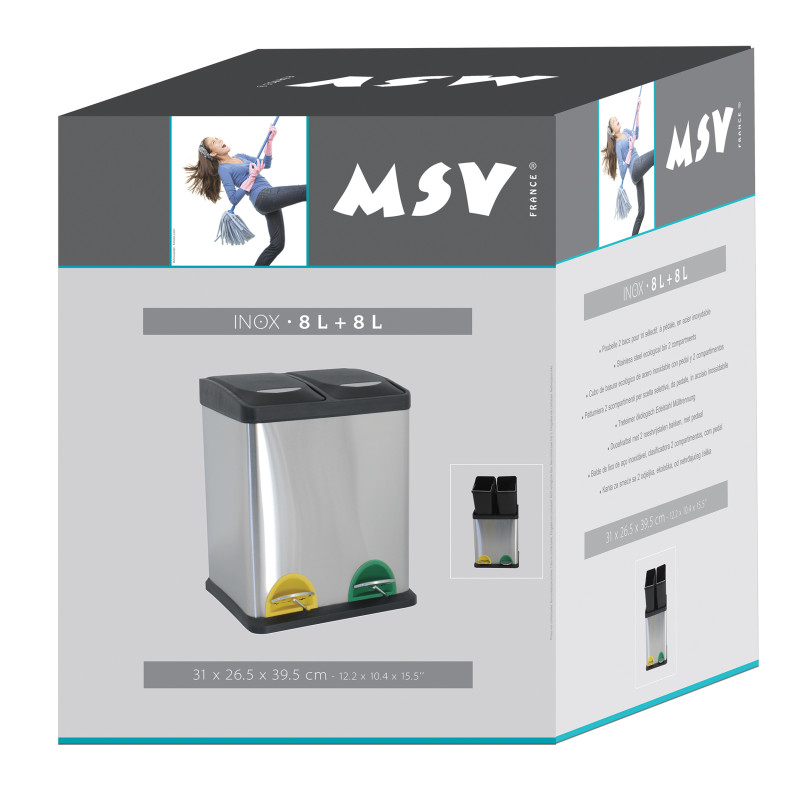 Poubelle à  pédale Tri sélectif Inox 2 bacs 8L MSV
