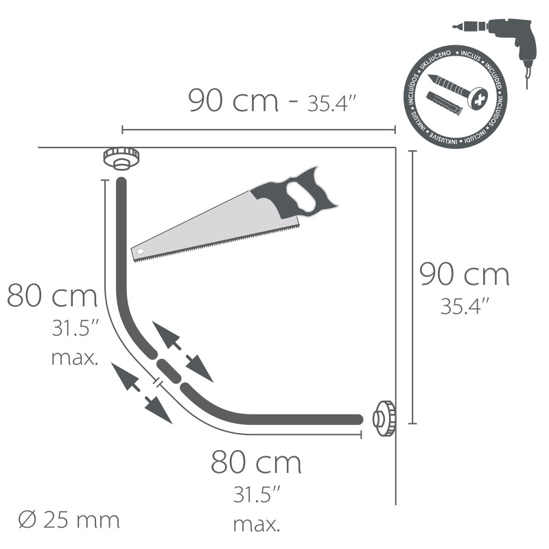 Barre tringle pour rideau de douche Incurvée à  fixer en Alu Chromé 80x80cm MSV