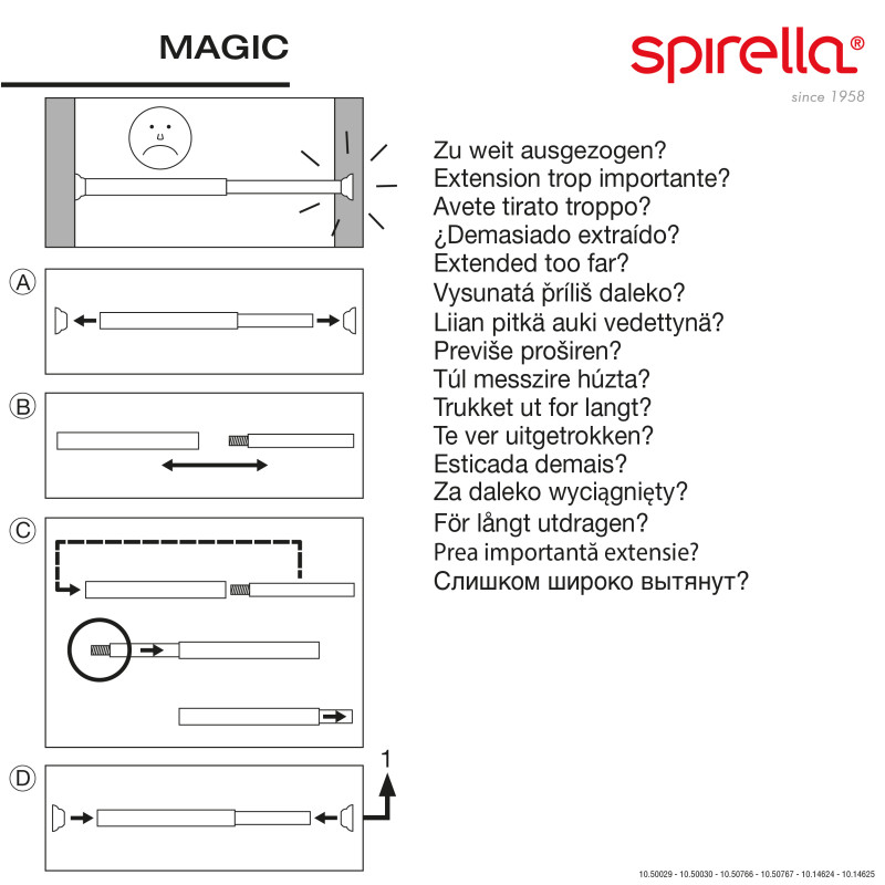 Rod bar for extendable shower curtain or bathtub without drilling in Aluminum MAGIC 75-125cm Shiny finish Spirella