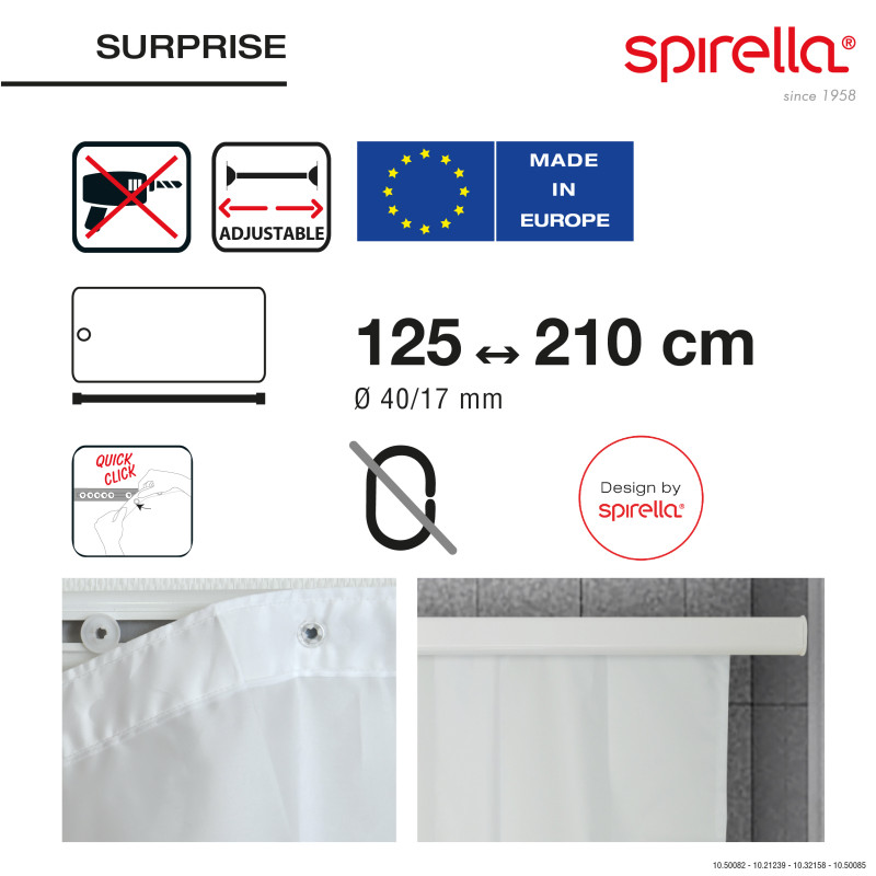 Asta per Tenda doccia o vasca estensibile senza forare in Alluminio SURPRISE 125-210cm Bianco Spirella