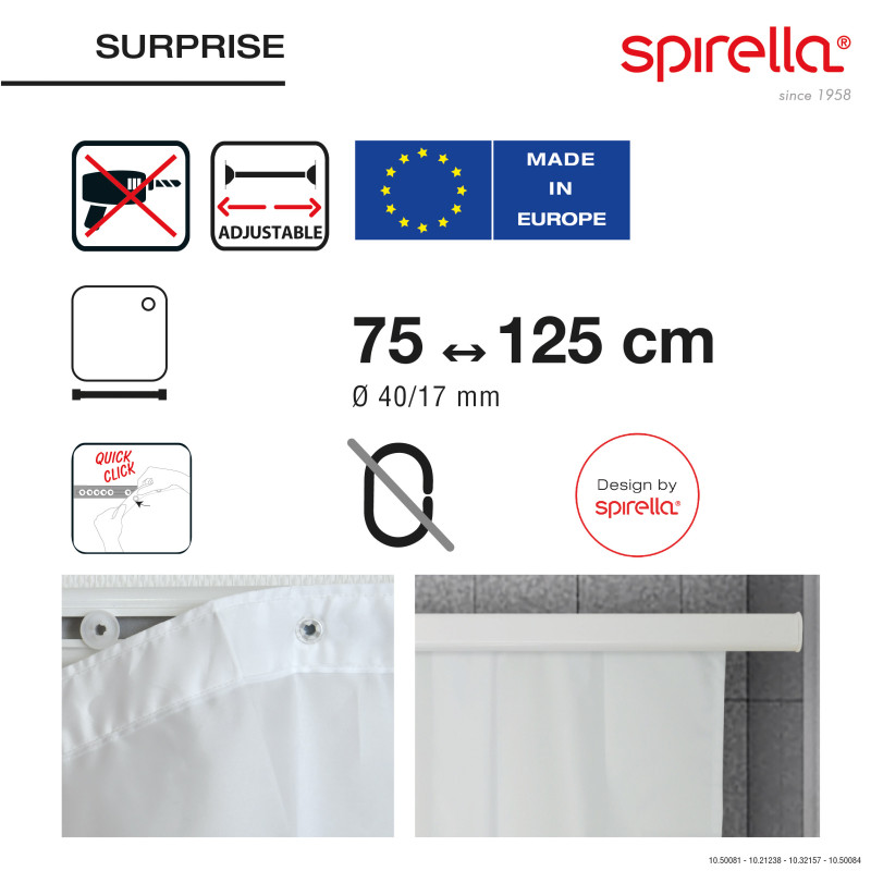 Barra para cortina de ducha o bañera extensible sin taladrar en Aluminio SURPRISE 75-125cm  Gris Spirella