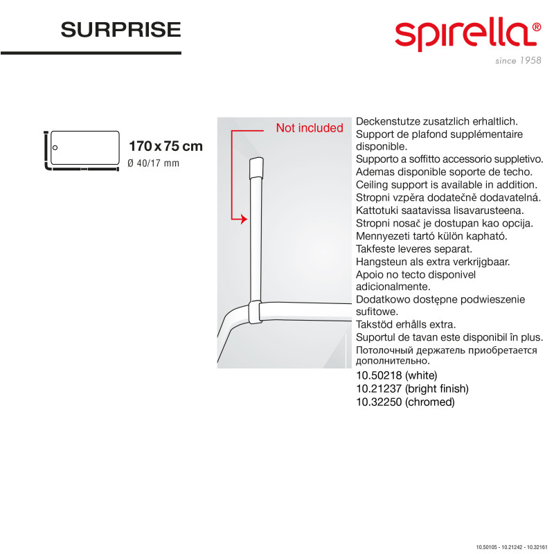 Bastone per Tenda Doccia Angolare da fissare in Alluminio SURPRISE 170x75cm Finitura Lucida - cursori inclusi Spirella