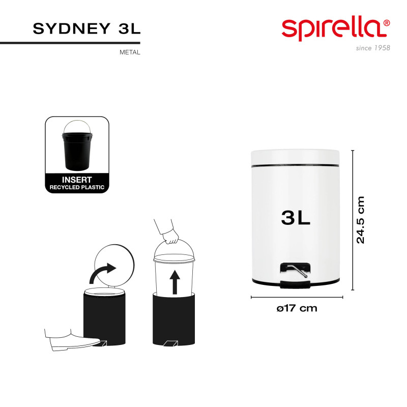 Poubelle à  pédale Acier SYDNEY 3L Blanc Spirella