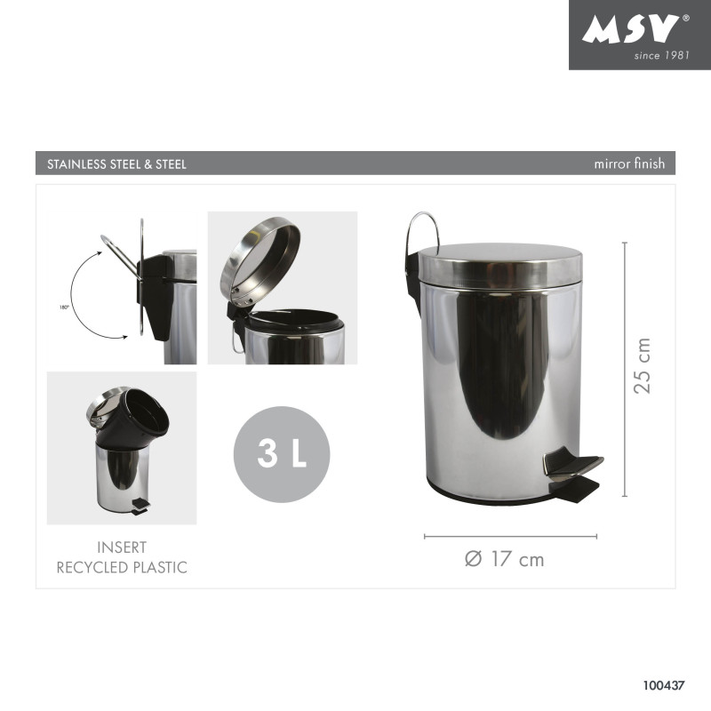 Pedal bin Stainless Steel 3L Mirror MSV
