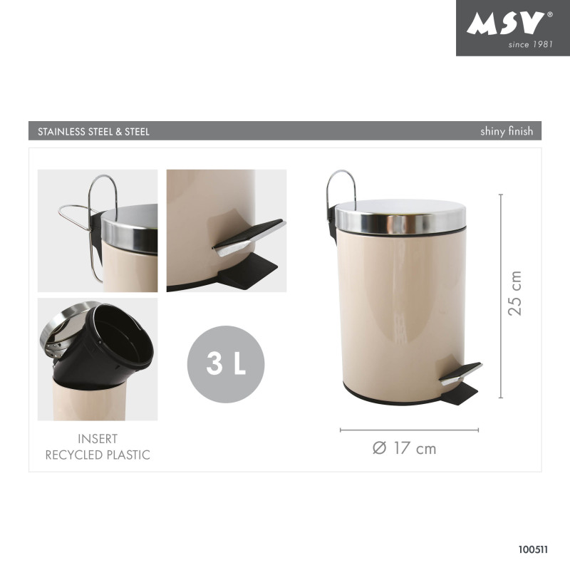 Pedal bin Stainless Steel 3L Beige MSV