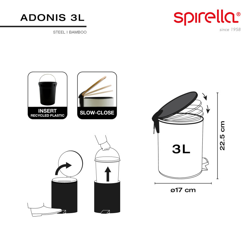 Papelera con pedal Acero y Bambú ADONIS 3L Blanco Spirella