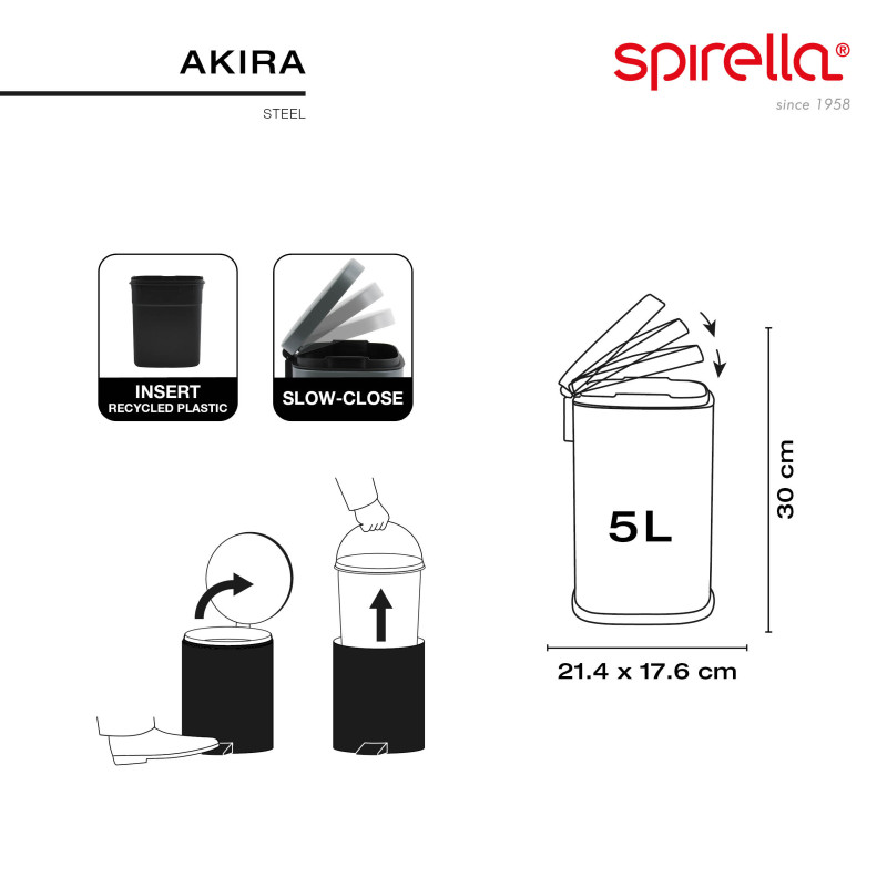 Poubelle à  pédale Acier AKIRA 5L Pétrole mat Spirella