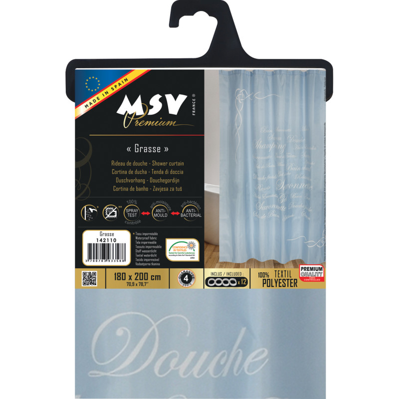 GRASSE Cortina de Ducha de Poliéster 180x200cm CALIDAD PREMIUM Azul - Anillas incluidas MSV