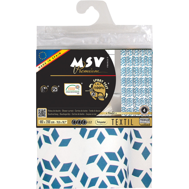 MSV Duschvorhang Polyester- NADOR 180 x 200 cm PREMIUM QUALITÄT Blau & Weiß - Ringe inklusive
