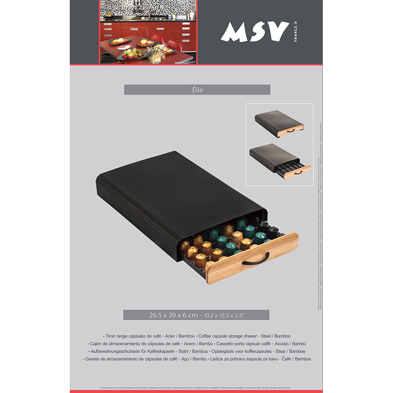 Tiroir de rangement pour capsules Nespresso Design industriel Bambou & Acier ELIE Noir mat MSV