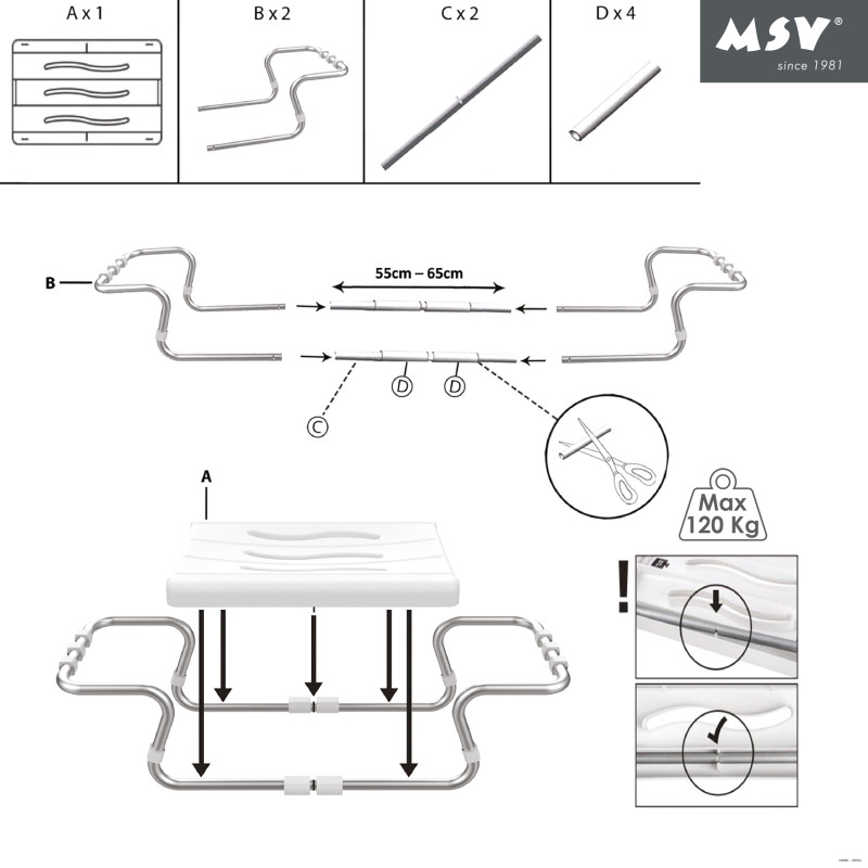 Grand siège de baignoire extensible 50-70cm Blanc - Max 120kg MSV
