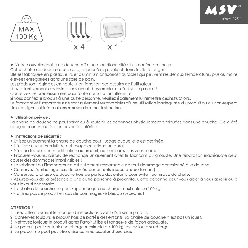 Siège de douche ajustable pliable MSV