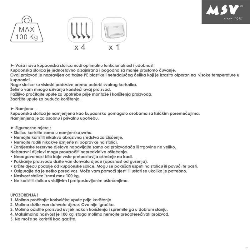 Siège de douche ajustable pliable MSV
