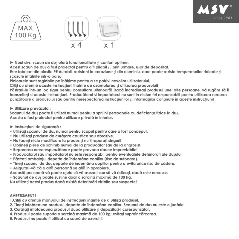 Siège de douche ajustable pliable MSV