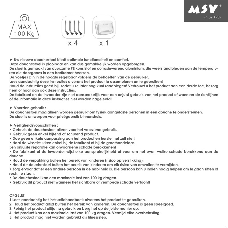 Siège de douche ajustable pliable MSV