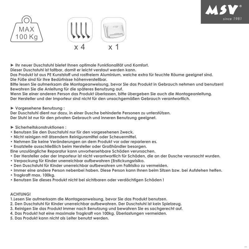 Siège de douche ajustable pliable MSV