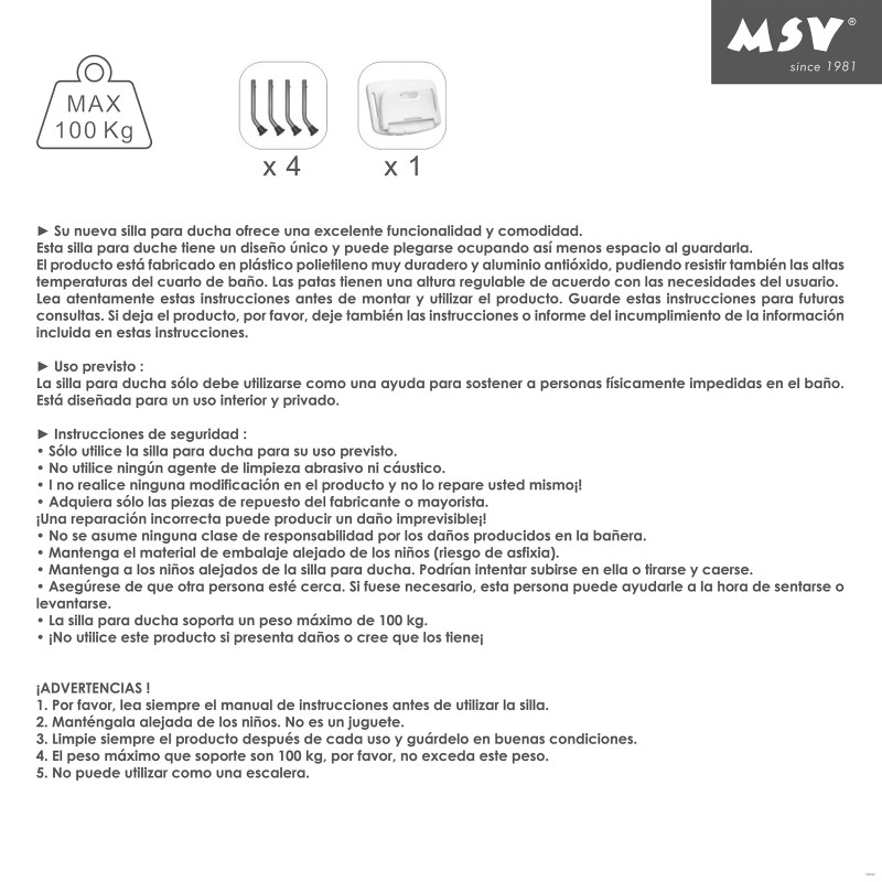 Siège de douche ajustable pliable MSV