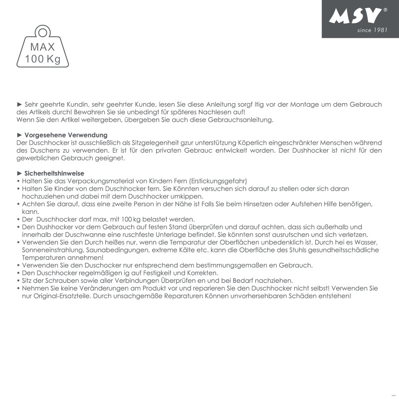 MSV Siège de douche Pliable